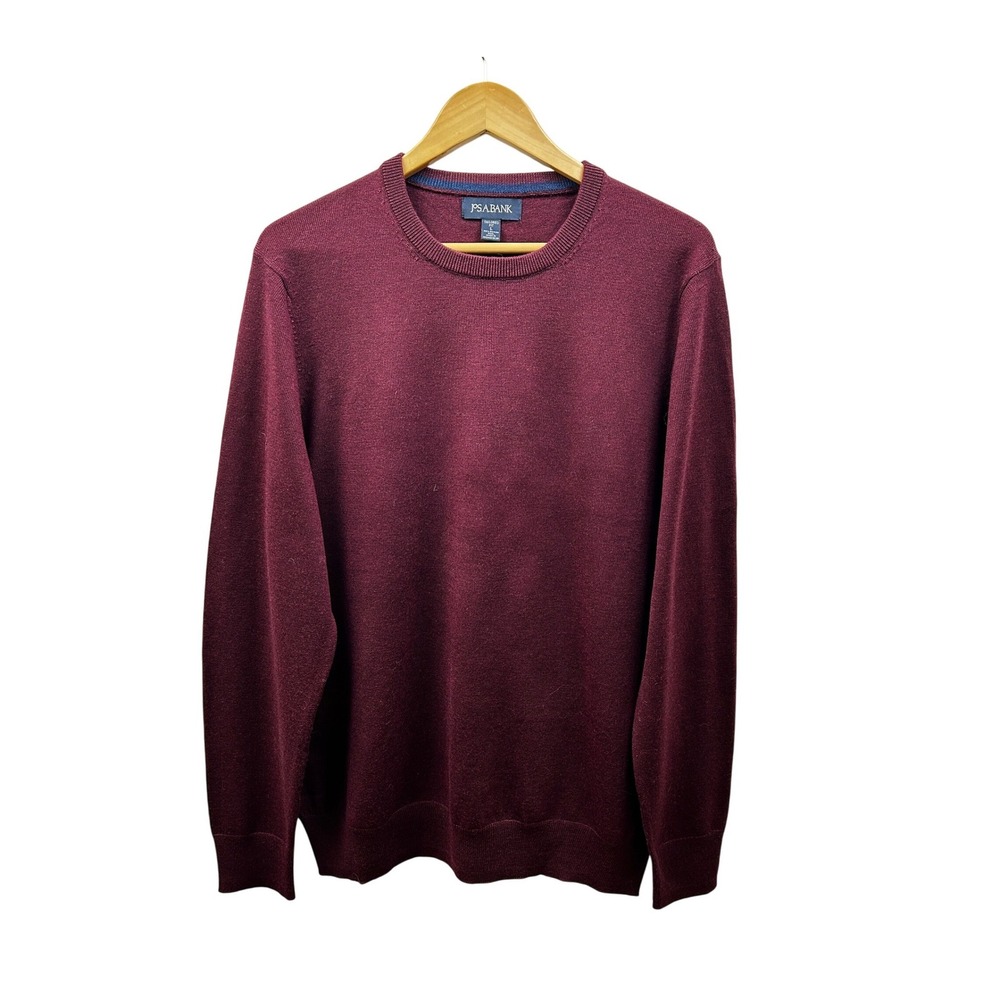 Jos A Bank Sweater Men Large 100% Merino Wool Burgundy Soft Tailored Fit Holiday